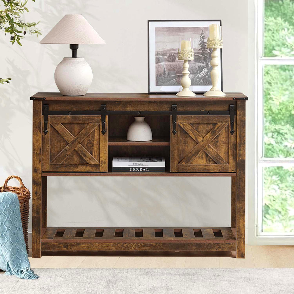 Brown Farmhouse Entryway Table, Rustic Hallway Table with Storage Shelf, Sofa...