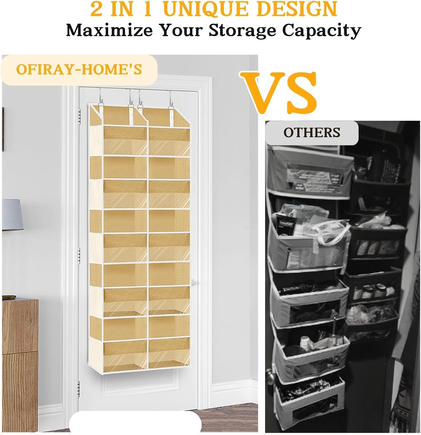 Over the Door Organizer 5 Tiers,Extra Large Behind Door Storage of 10 Compartments,80 lbs Weight Capacity Over the Door Storage, Door Hanging Organizer for Closet, Diaper Organizer (Camel)