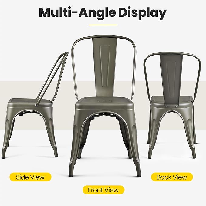 Yaheetech Metal Dining Chairs Set of 4, Industrial Stackable Kitchen Chairs with Back for Dining Room/Restaurant/Bistro/Patio, Indoor & Outdoor Use, Gun Metal