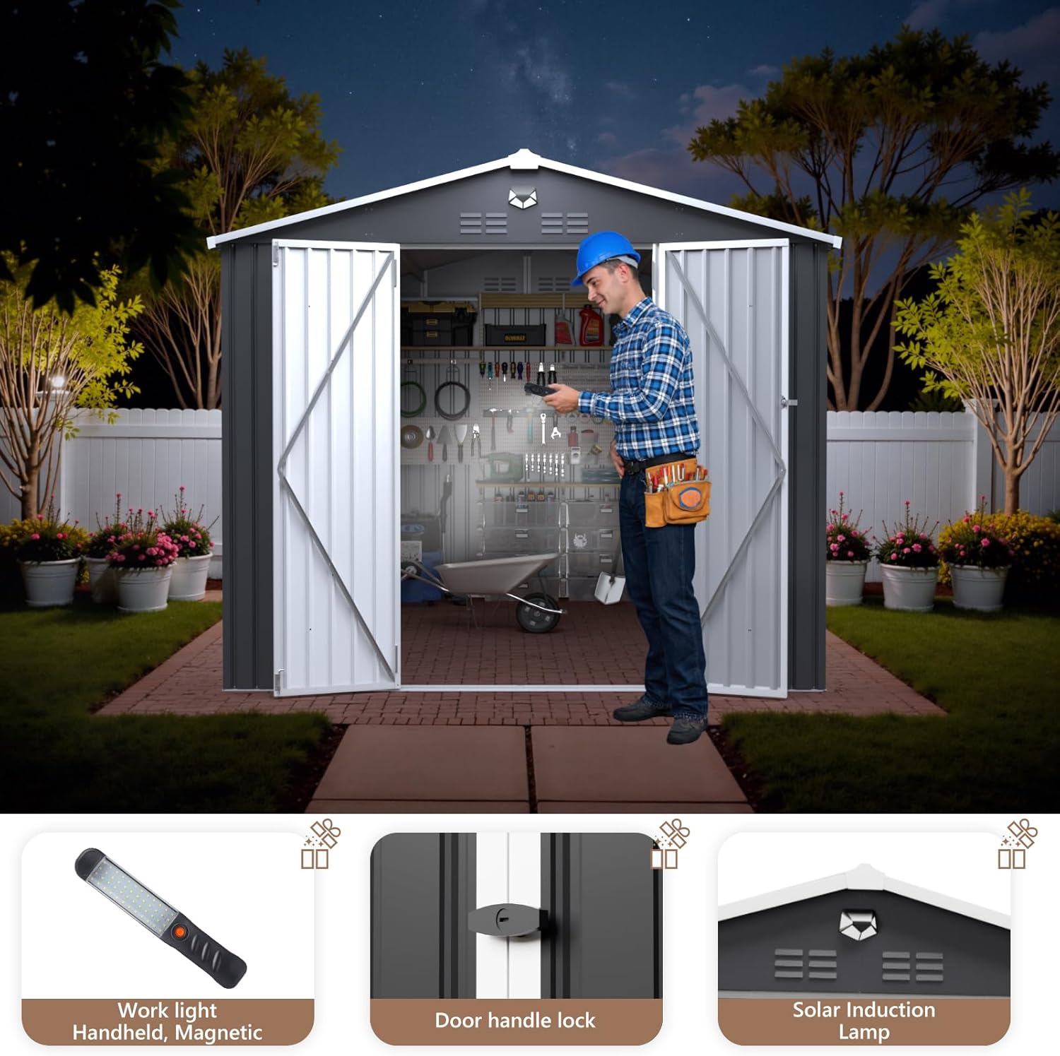 10x14 FT Outdoor Storage Shed, Metal Garden Shed - Tool Storage Sheds with Lockable Doors, Waterproof Outside Storage Building for Backyard, Patio (Black; Floor Not Included)