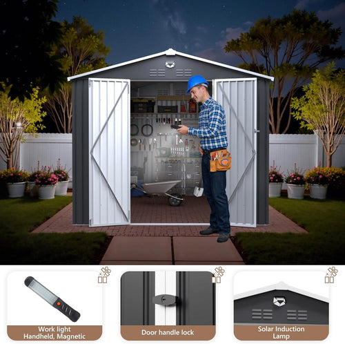 10x12 FT Outdoor Storage Shed, Metal Garden Shed - Tool Storage Sheds with Lockable Doors, Waterproof Outside Storage Building for Backyard, Patio (Black; Floor Not Included)
