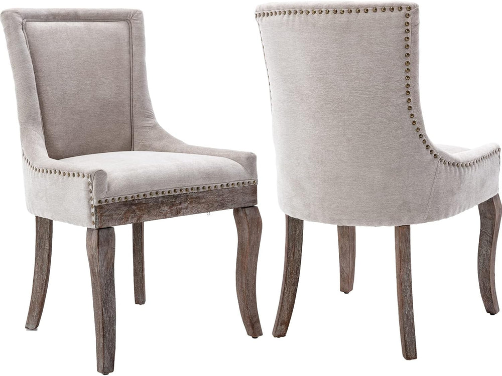 Upholstered Dining Chairs Set of 2, Beige Fabric Kitchen Chair with Nailhead ...