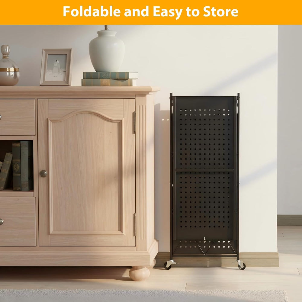 COKIHOM 3-Tier Folding Shelf, No Assembly Metal Shelving Unit with Wheels, He...
