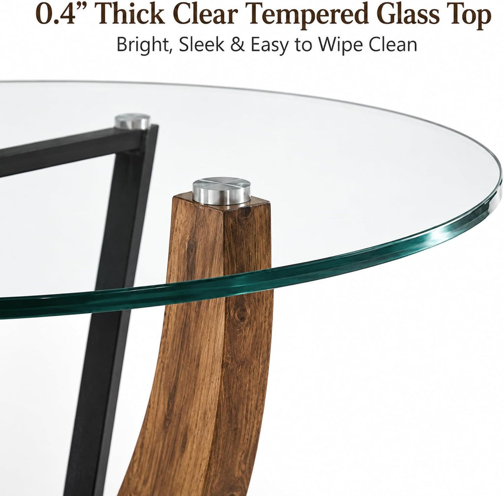 48 Inch Round Glass Dining Table Set for 4 | Tempered Glass Top, Wood Pedestal Base, 4 Brown Upholstered Chairs, Mid Century Modern Dining Room Set for Small Spaces