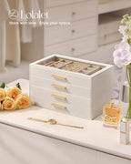Lolalet Jewelry Box Organizer, 4-Layer Jewelry Organizers and Storage Case with Glass Lid, Ring Earring Bracelet Necklace Holder Organizer, Birthday Christmas Gifts for Women Girls -4Layer, Beige