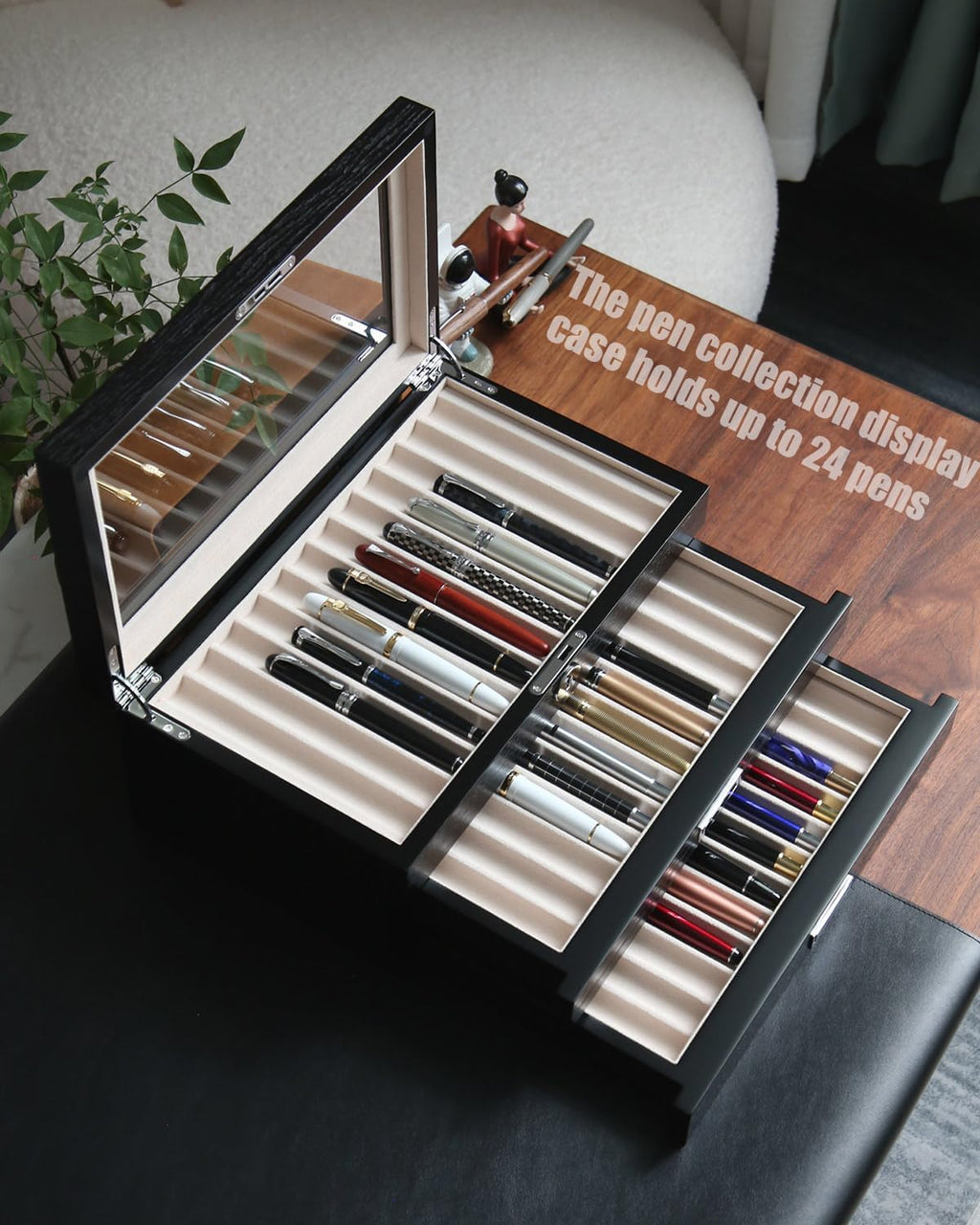 wood pen display case 36 slot Fountain pen Box storage Organizer with drawer, Top Glass Window Pen Collection Display Case