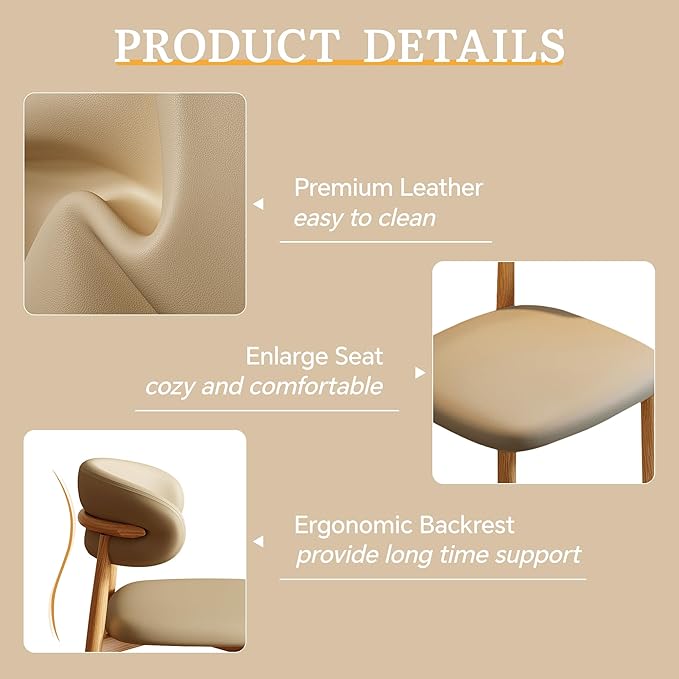 Dining Chairs Set of 2 for Kitchen Dining Table Mid Century Modern Farmhouse Upholstered Leather Dining Room Chairs with Metal Legs, Original Khaki