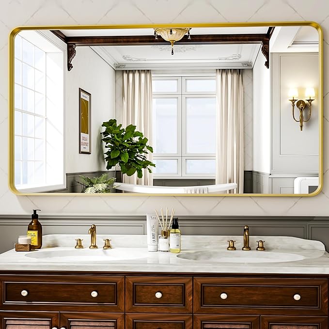 55"x 30" Gold Bathroom Mirror - Aluminum Framed Wall Mirror, Bathroom Wall Mounted Vanity Mirror, Bedroom, Living Room Wall Mirror, Hang Horizontally or Vertically