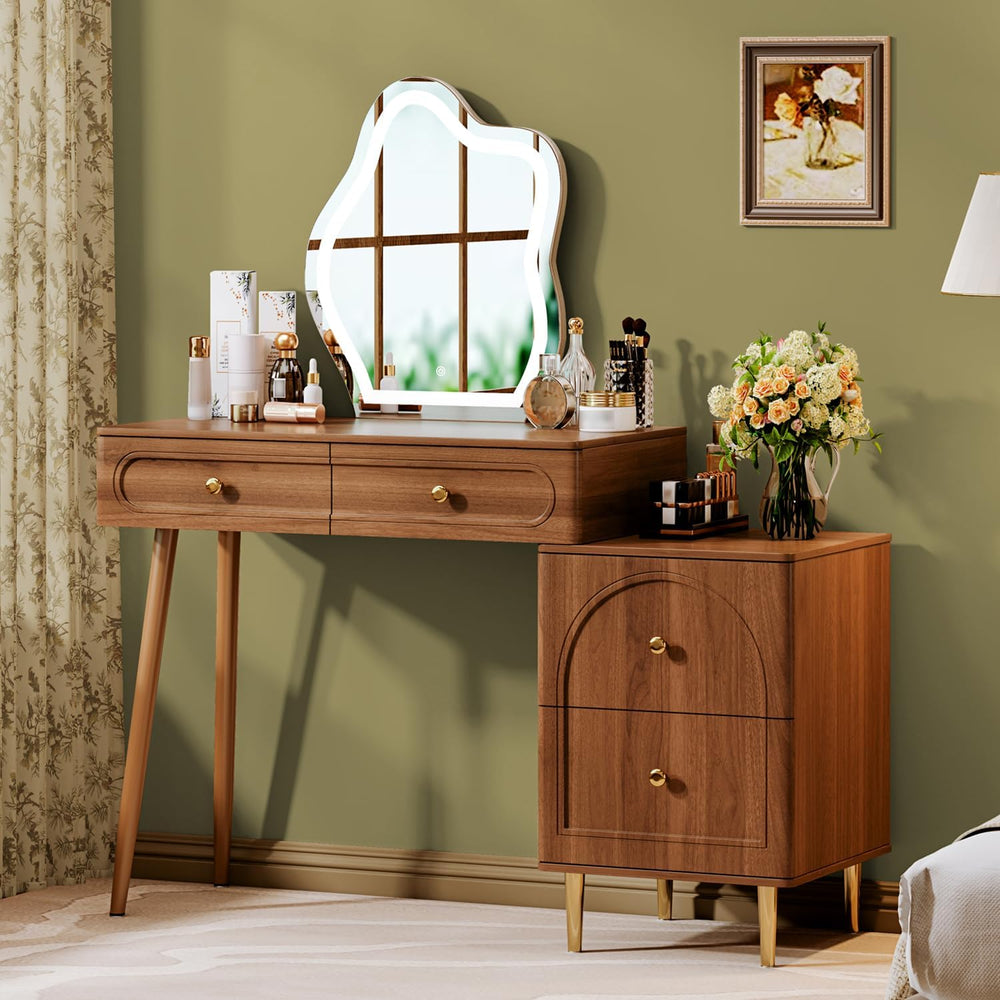 Chrangmay Walnut Stylish Corner Makeup Vanity Table，Vanity Desk with Lighted ...