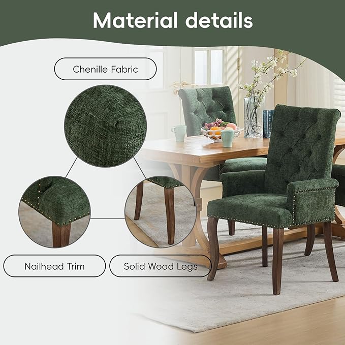 Upholstered Tufted Chenille Dining Chairs with Arms & Nailhead Trim – Sol...