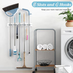 White Broom Holder Wall Mount - Heavy Duty Wood Mop and Broom Organizer with 5 Slots & 4 Hooks - Garden Tool Hanger for Laundry Room Closet Kitchen Garage Storage and Organization - Modern Home Decor