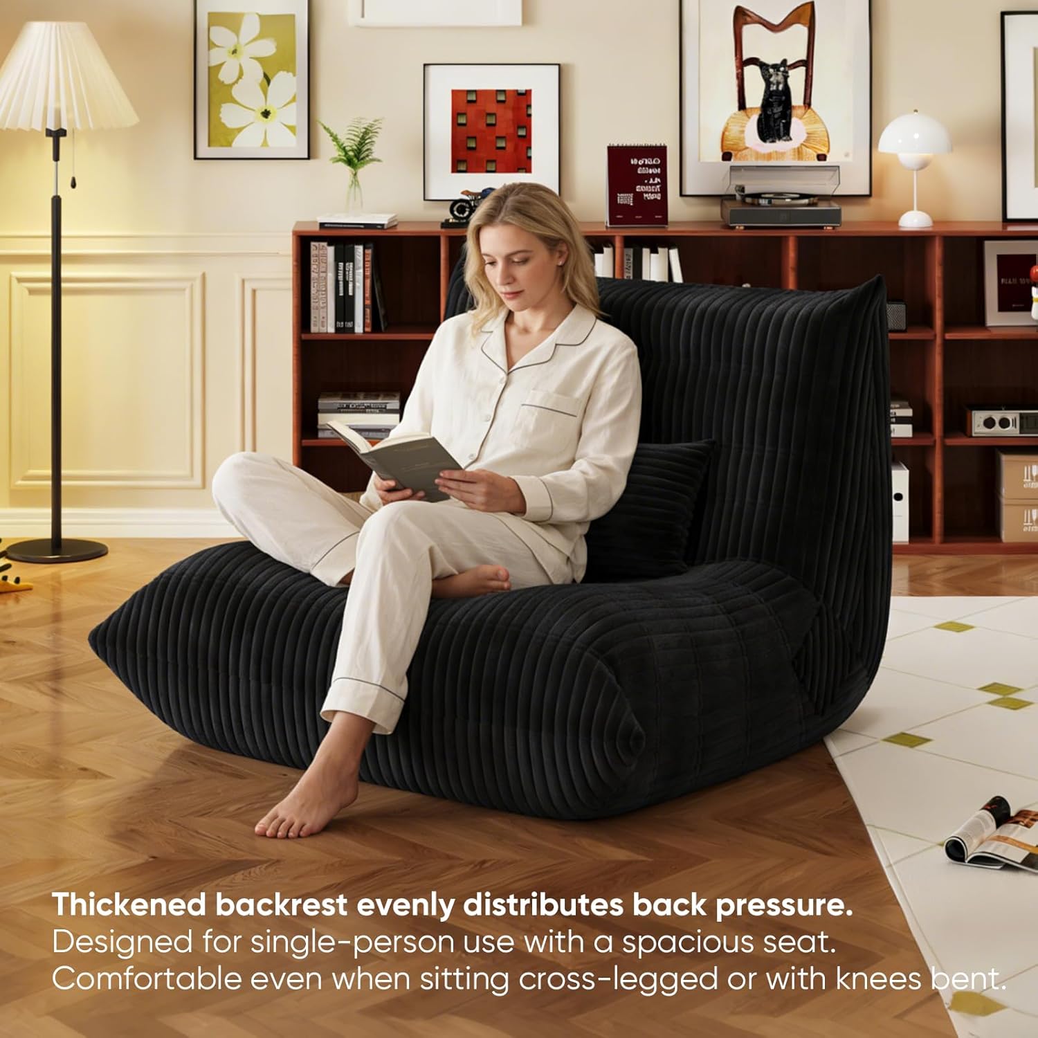 Bean Bag Chair with Pillow, Giant Flannal Memory Foam beanbags Lazy Sofa for Audlts Fireside Chair Armless Chair for Living Room Bedroom Dorm Office (Black, Single Sofa)