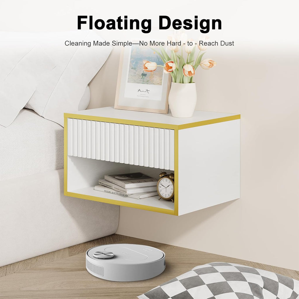 4ever2buy Floating Nightstand with Fluted Drawer, Modern Wall Mounted Nightstand with Open Shelf, White and Gold Night Stand for Bedroom, White