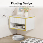4ever2buy Floating Nightstand with Fluted Drawer, Modern Wall Mounted Nightstand with Open Shelf, White and Gold Night Stand for Bedroom, White