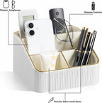 Remote Control Holder with 4 Compartments, PU Leather Small Nightstand Organizer for Home Desk Accessories Office Supplies, Multifunctional Stylish Small Bedside Desktop Organizers (White)