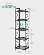 SONGMICS 5-Tier Metal Storage Rack, Shelving Unit with X Side Frames, Dense Mesh, 12.6 x 15.7 x 57.3 Inches, for Entryway, Kitchen, Living Room, Bathroom, Industrial Style, Ink Black UBSC145B01