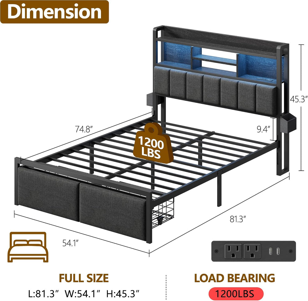 Furnulem Full Size Bed Frame with Headboard, Drawers, Charging Station, LED