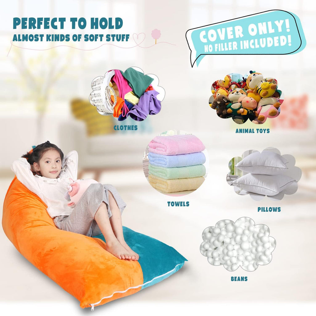 LOLOMLO Stuffed Animal Storage Bean Bag Chair Cover, Velvet Turquoise Orange Plush Toy Storage Stuff and Sit Seat for Kids/Teens/Adults, 52" x 31" Extra Large Triangle Sofa, 200L/52Gal, Cover Only