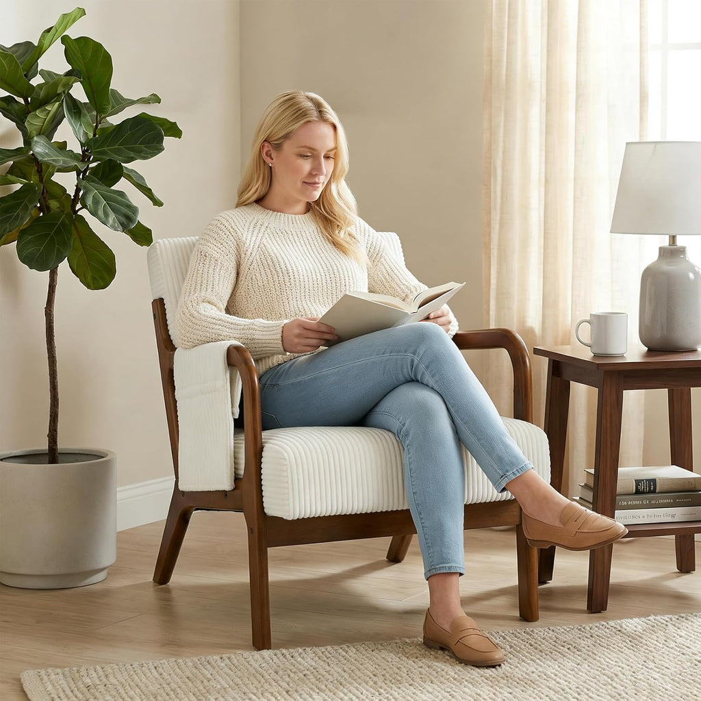 DUMOS Accent Chairs Set of 2, Mid Century Modern Accent Chair with Lumbar Pillow and Solid Wood Frame, Upholstered Armchair Reading Chair for Living Room, Bedroom, Beige