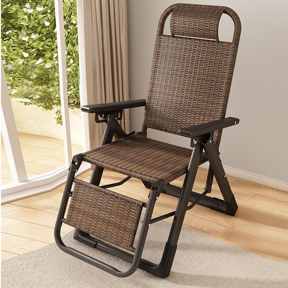 Gravity Folding Sun Lounge Chair Rattan Recliner with Pillow and High Backrest Wicker Adjustable