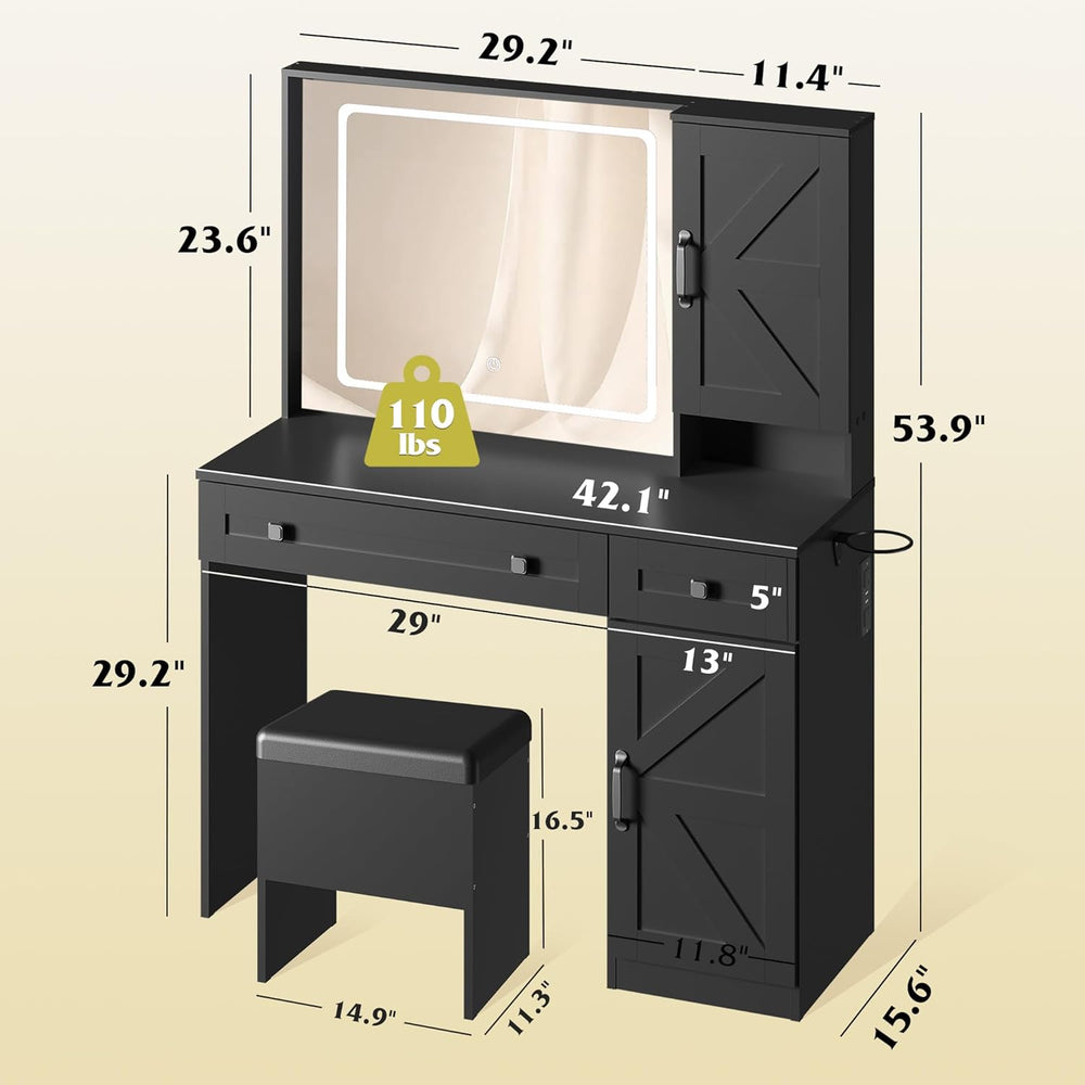 WLIVE Farmhouse Vanity Desk with LED Mirror & Stool, Black | Charging sta...
