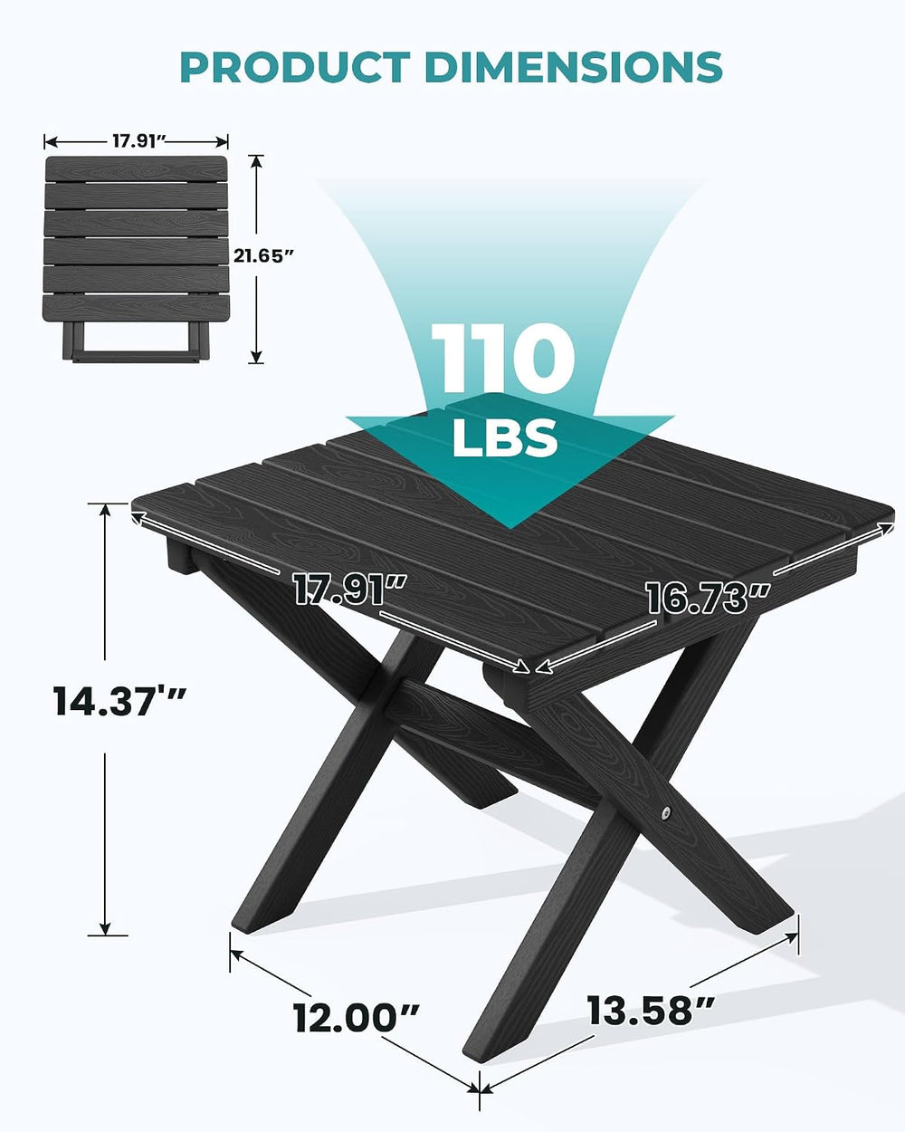 SERWALL Small Folding Side Table, HDPE Outdoor End Table, Black
