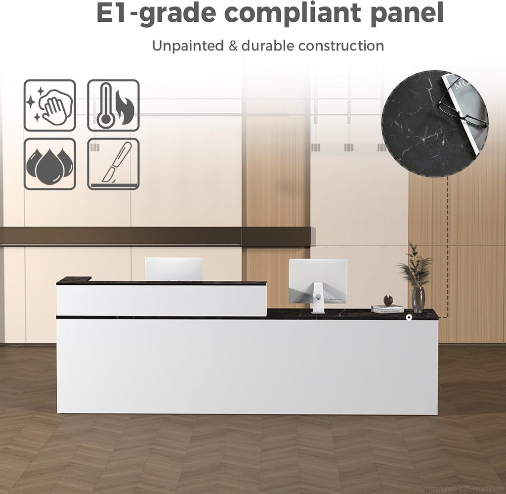 L Shape Reception Desk with Counter, Lockable Drawer, Keyboard Tray, and Double-Layer Storage for Salon, Office, or Clinic (White+Black/Right, 71" L*24" W*39" H)