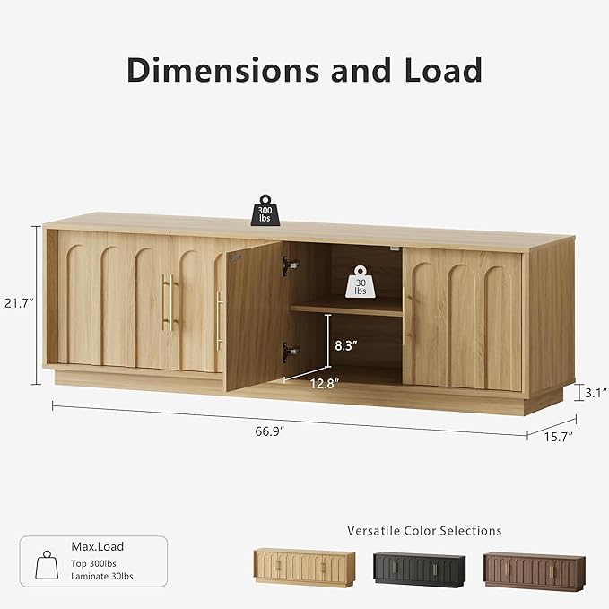 TV Stand for 75 Inch TV, Mid Century Modern TV Stand with Arched Design, Wood Grain Finish, Boho Media Console with Adjustable Shelves, 67" Entertainment Center for Living Room Bedroom, Oak