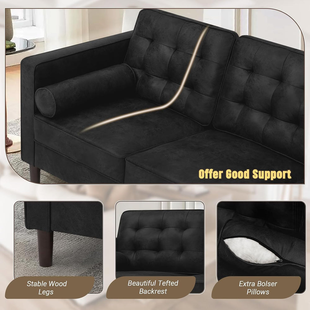 Suede Leather Upholstered Sofa Set with Tufted Backrests, Black