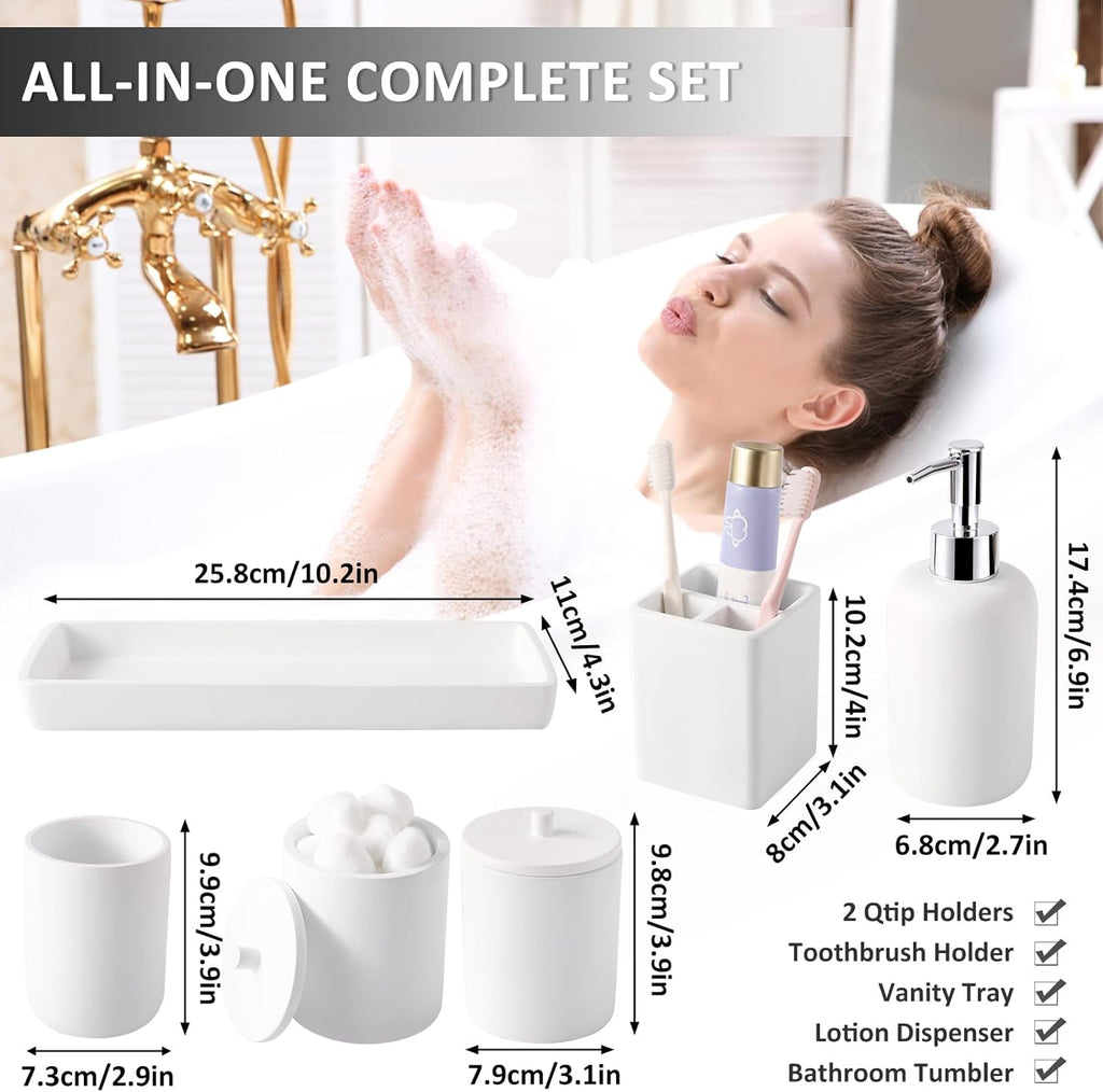 Resin 6 Pcs White Bathroom Set Complete with Toothbrush Holder, Lotion Soap Dispenser, 2 Qtip Holder Dispensers,Vanity Tray,Bathroom Tumbler - Countertop Vanity Organizer - Bathroom Accessories Set