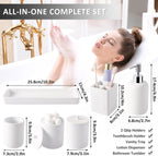 Resin 6 Pcs White Bathroom Set Complete with Toothbrush Holder, Lotion Soap Dispenser, 2 Qtip Holder Dispensers,Vanity Tray,Bathroom Tumbler - Countertop Vanity Organizer - Bathroom Accessories Set