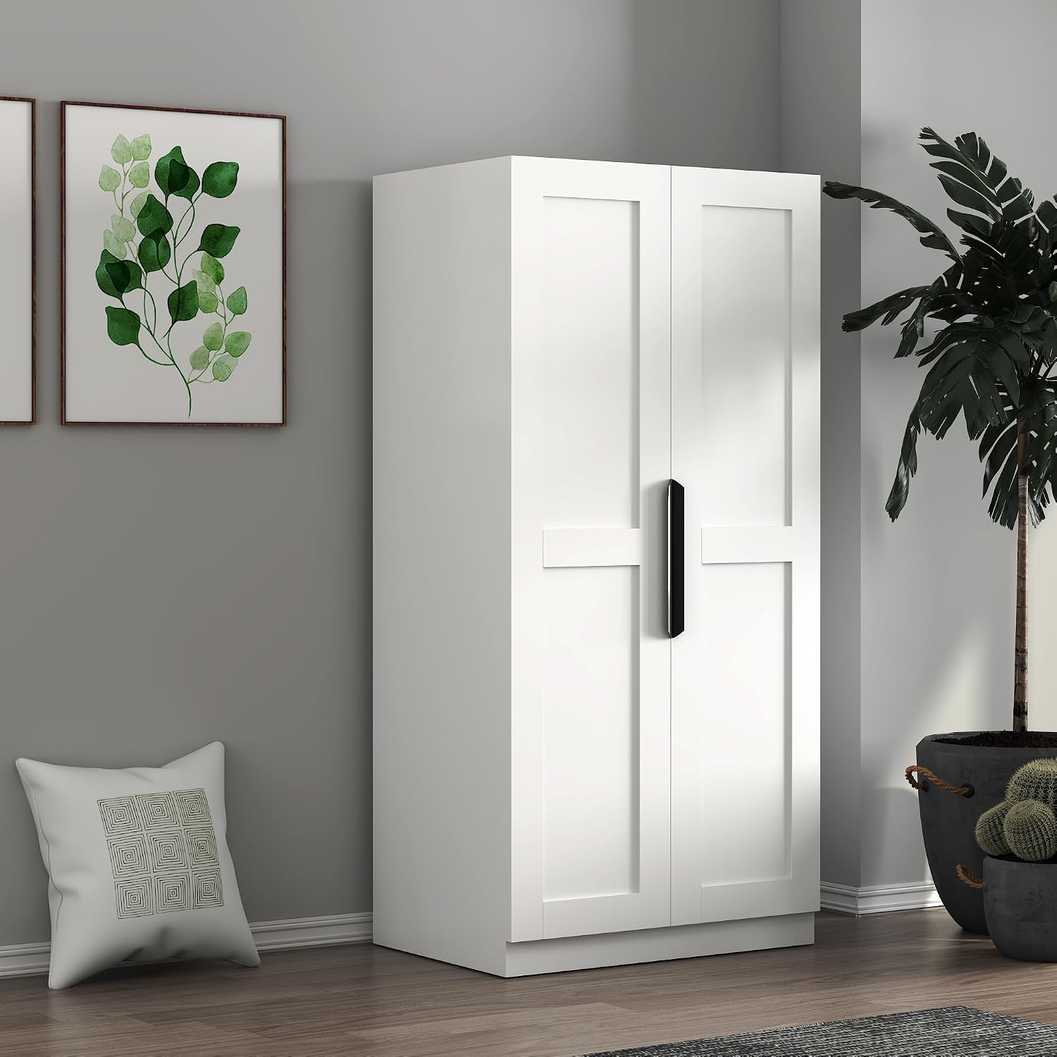 Freestanding Kitchen Pantry with 4 Shelves, Single Door with 5 Shelves, Rectangular Storage Cabinet, Modern Minimalist, for Living Room, Dining Room, White