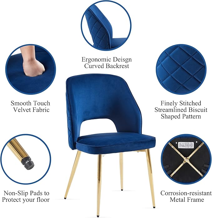NORDICANA Modern Dining Chair Set of 4, Navy Blue Velvet Fabric Upholstered Accent Chairs with Golden Metal Legs, Round Back Side Chairs for Kitchen Living Room Bedroom