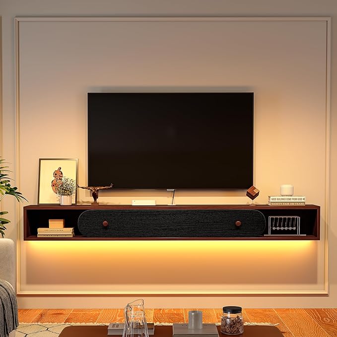 Furninova Floating TV Stand,Wall Mounted Entertainment Center for 50 Inch TV,Plywood Floating Media Console with 1 Flip Down Door & Cable Management,Modern Space Saving TV Shelf,47 Inch,Walnut & Black