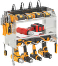 CCCEI Modular Power Tool Organizer Wall Mount with Charging Station. Garage Drill Storage Shelf with Hooks, Heavy Duty Rack, Tool Battery Holder Built in 8 Outlet. Gift for Men. Silver, 1 Pack.