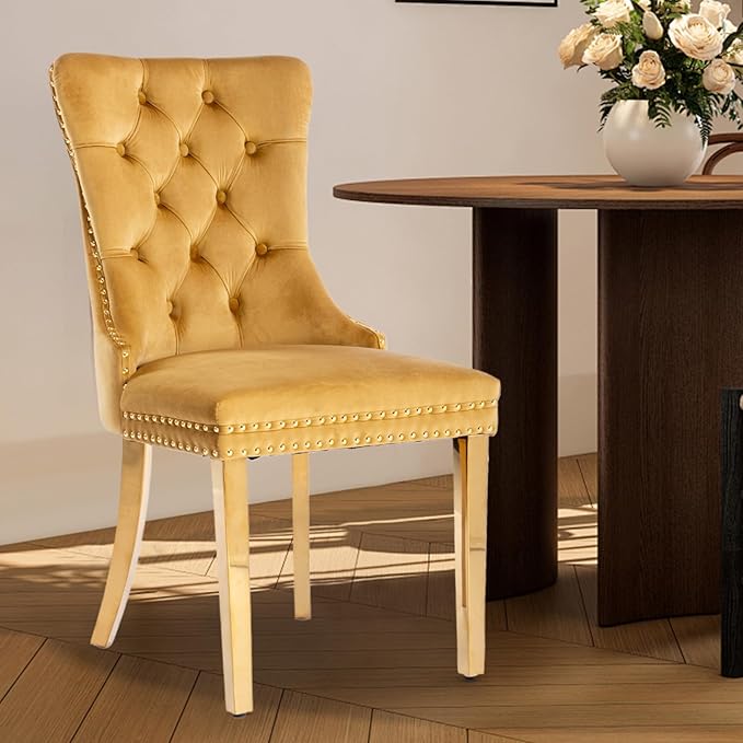 Velvet Upholstered Dining Chairs Set of 4, Modern Style Kitchen Side Chairs with Nailhead Trim and Gold Plated Leg, Metal Pulling Ring for Dining Room Living Room(Gold-Gold Plated Leg)