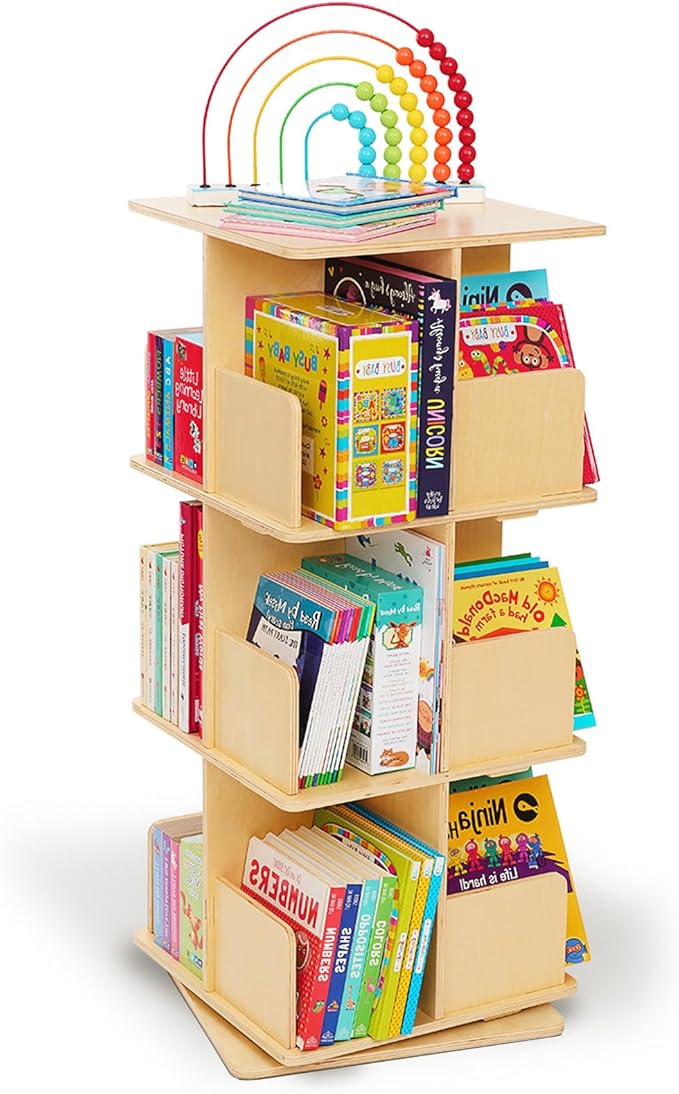 Monläurd® 100% Birch Rotating Bookshelf for Kids, 360° Spinning Montessori Bookcase, Space-Saving Wooden Storage for Nursery, Playroom & Classroom