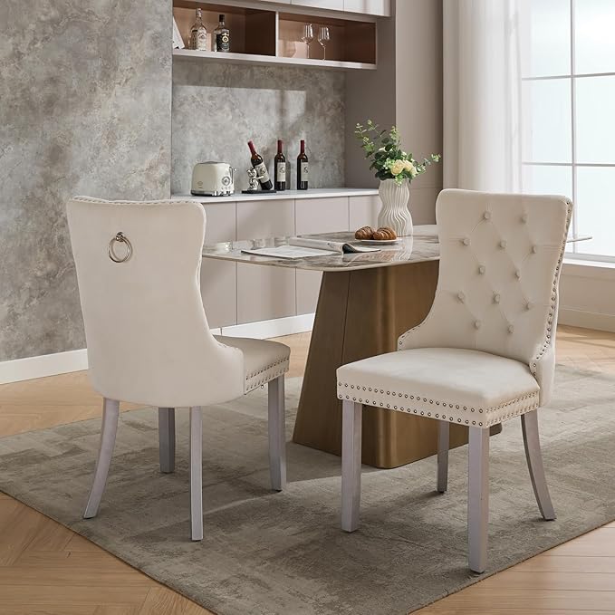 Velvet Dining Chairs Set of 2, Kitchen & Dining Room Chairs, Upholstered Dining Chairs with Back Ring Pull and Silver Solid Wood Legs, Modern Tufted Kitchen Chairs for Dining Room, Cream