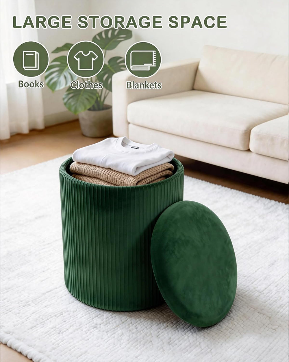 LITZFUR Round Ottoman with Storage, Velvet Foot Rest Stool, Green | Versatile...