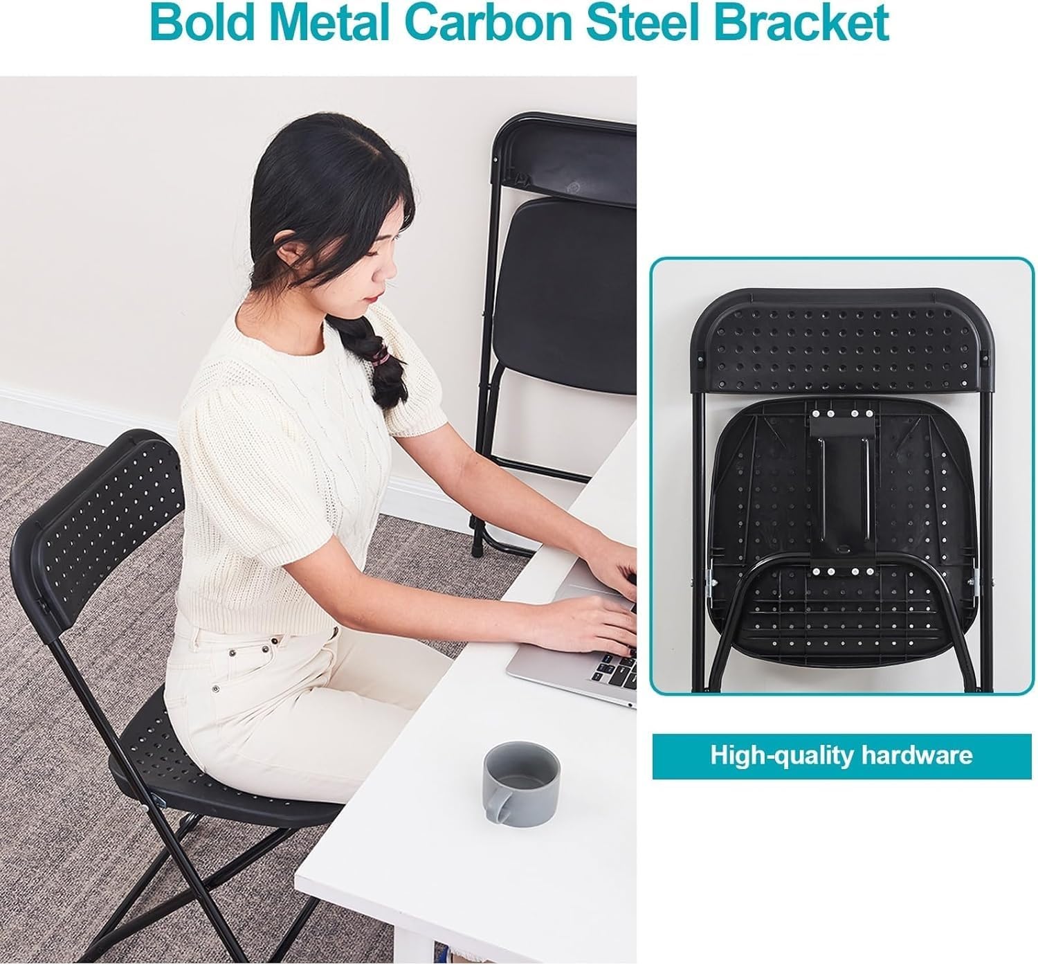 Plastic Folding Chairs, Indoor Outdoor Portable Stackable Commercial Seat with Steel Frame 440lb. Capacity(Black)