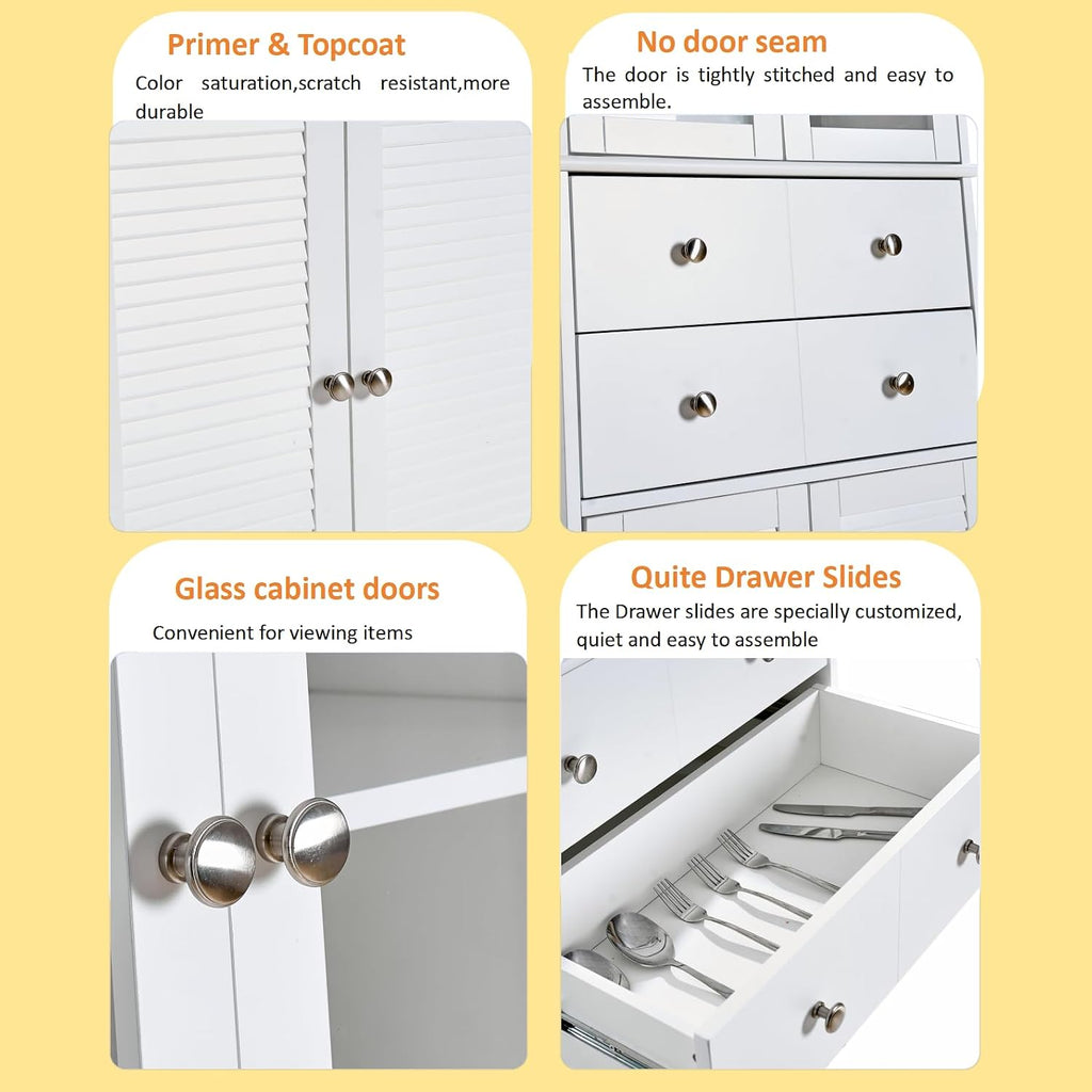 67" Tall White Kitchen Pantry Cabinet with Doors & Drawers - Large Storage Cupboard for Kitchen, Bathroom, Craft Room, 2 Glass Doors, Adjustable Shelf, 24" W x 12" D x 67" H, Easy Assembly