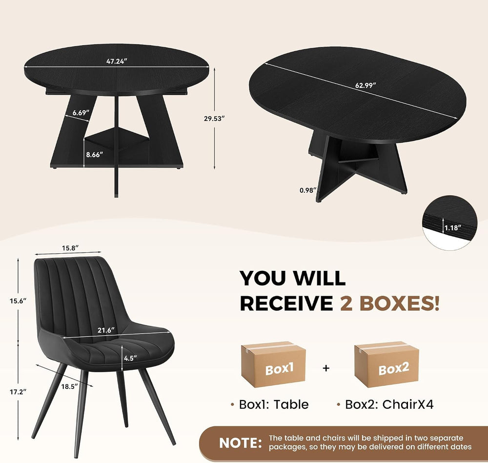 Miereirl Extendable Dining Table Set for 4-6, 47.24"-63" Round to O...
