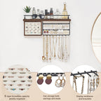 Mkono Hanging Jewelry Organizer Wall Mounted Jewelry Organizer Necklace Holder with Rustic Wood Shelf, Ring Display Box, Ear Studs Earring Holder Bracelet Organizer (Brown)