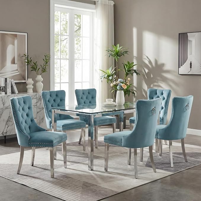 Mid Century Modern Dining Chairs Set of 6, Velvet Upholstered Kitchen & Dining Room Chairs with Nailhead Trim & Brushed Silver Metal Legs, Tufted Kitchen Chairs, Sillas De Comedor (Sky Blue, 6 Pcs)