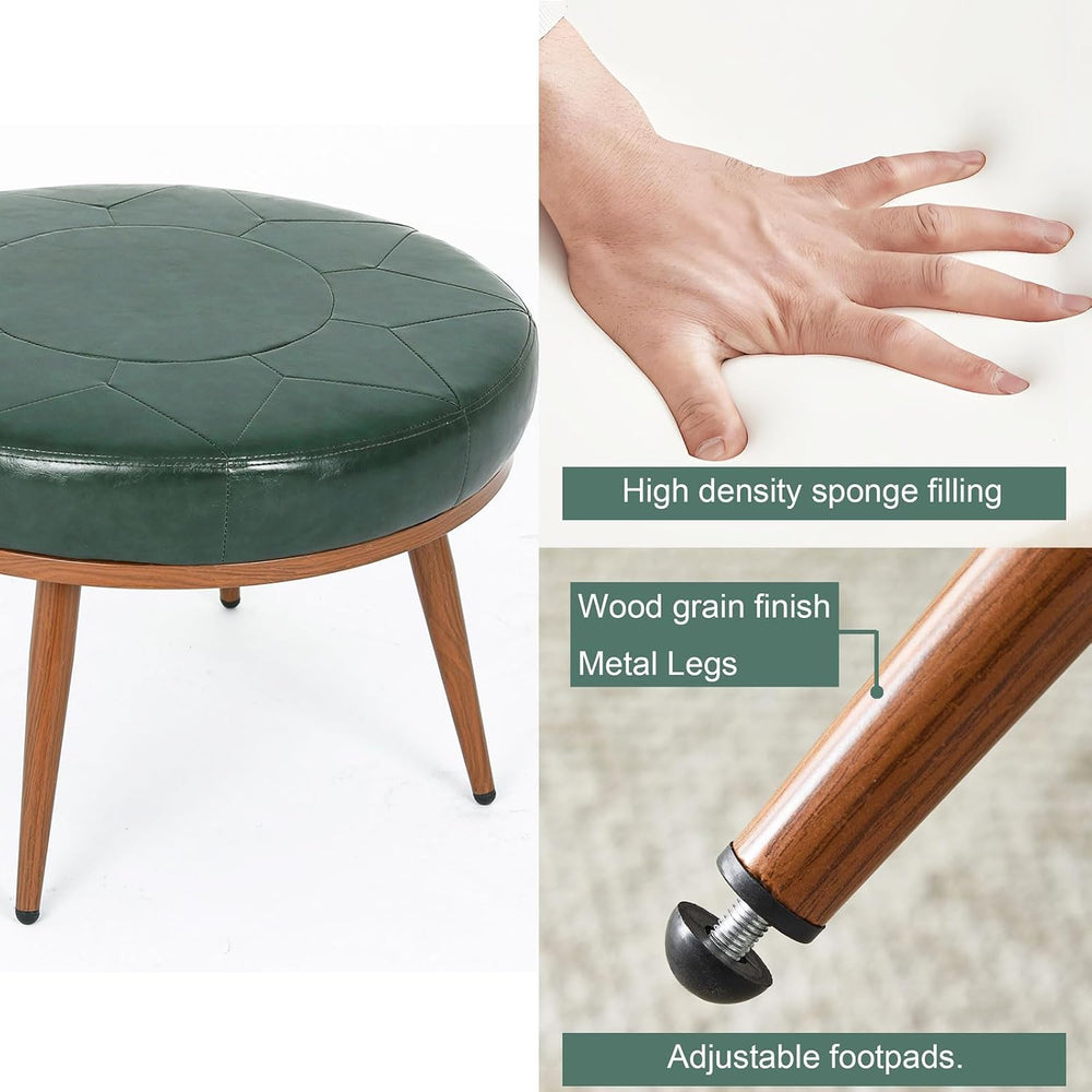 Green Round Ottoman Coffee Table, 24-Inch Faux Leather Cushioned Footstool wi...