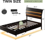 Feonase Twin Floating Bed Frame with Led Lights and Charging Station, Wood Twin Size Bed Frame with Storage Headboard, Heavy Duty Metal Slats, No Box Spring Needed, Easy Assembly, Black