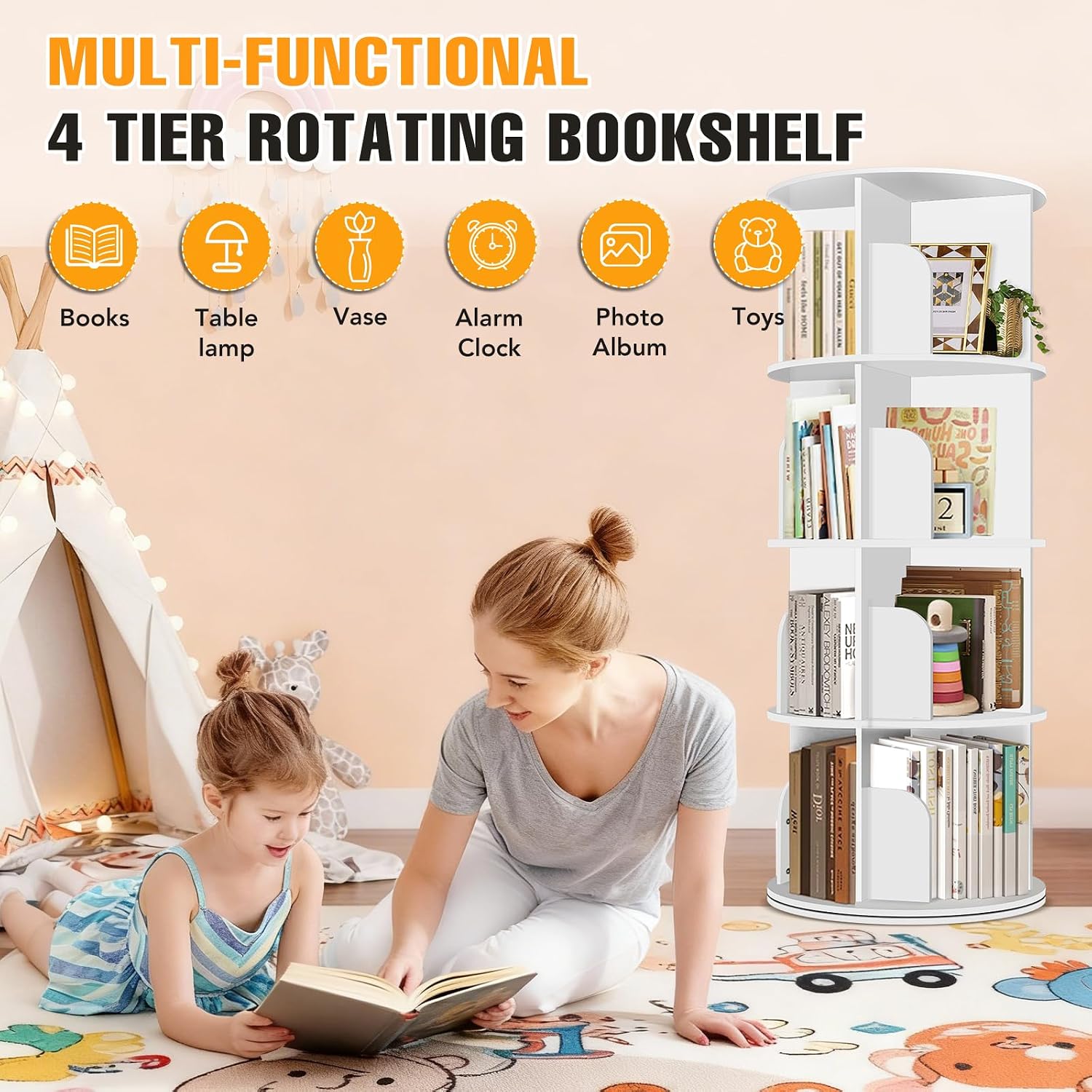 RUNSUNSPRI 4 Tier Rotating Bookshelf Tower, Spinning Bookshelf, Revolving 360° Bookcase Storage Round Carousel, Vertical Rotate Turning Spiral Corner Organizer Lazy Susan, White