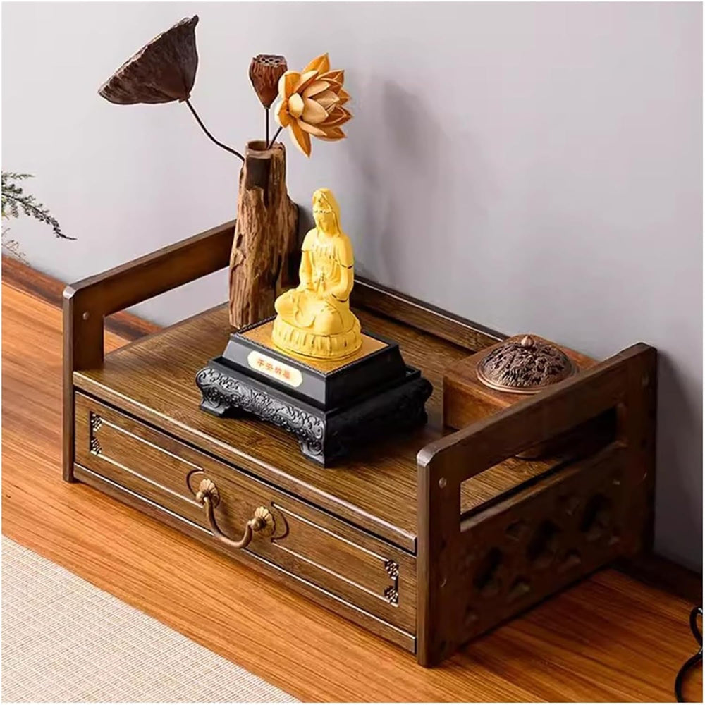Bamboo Altar Meditation Table - Spiritual Worship Table with Drawer & 2-T...