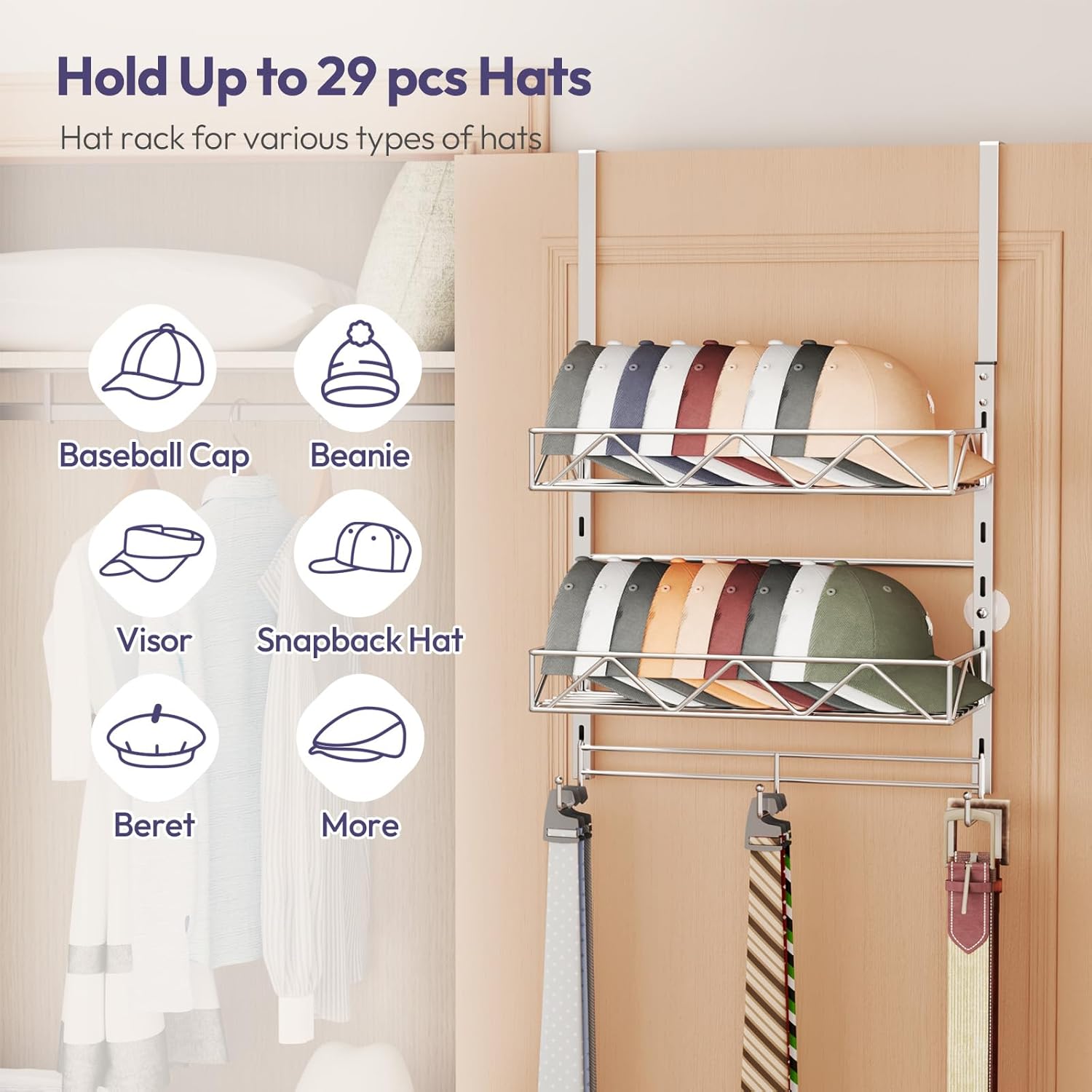 SWTYMIKI Over Door Hat Organizer - 3 Tier Wall Mounted Hat Rack with 2 Adjustable Metal Basket and 3 Hooks, Hanging Baseball Cap Organizer Storage Holds up to 29 Caps for Door, Bedroom, Closet