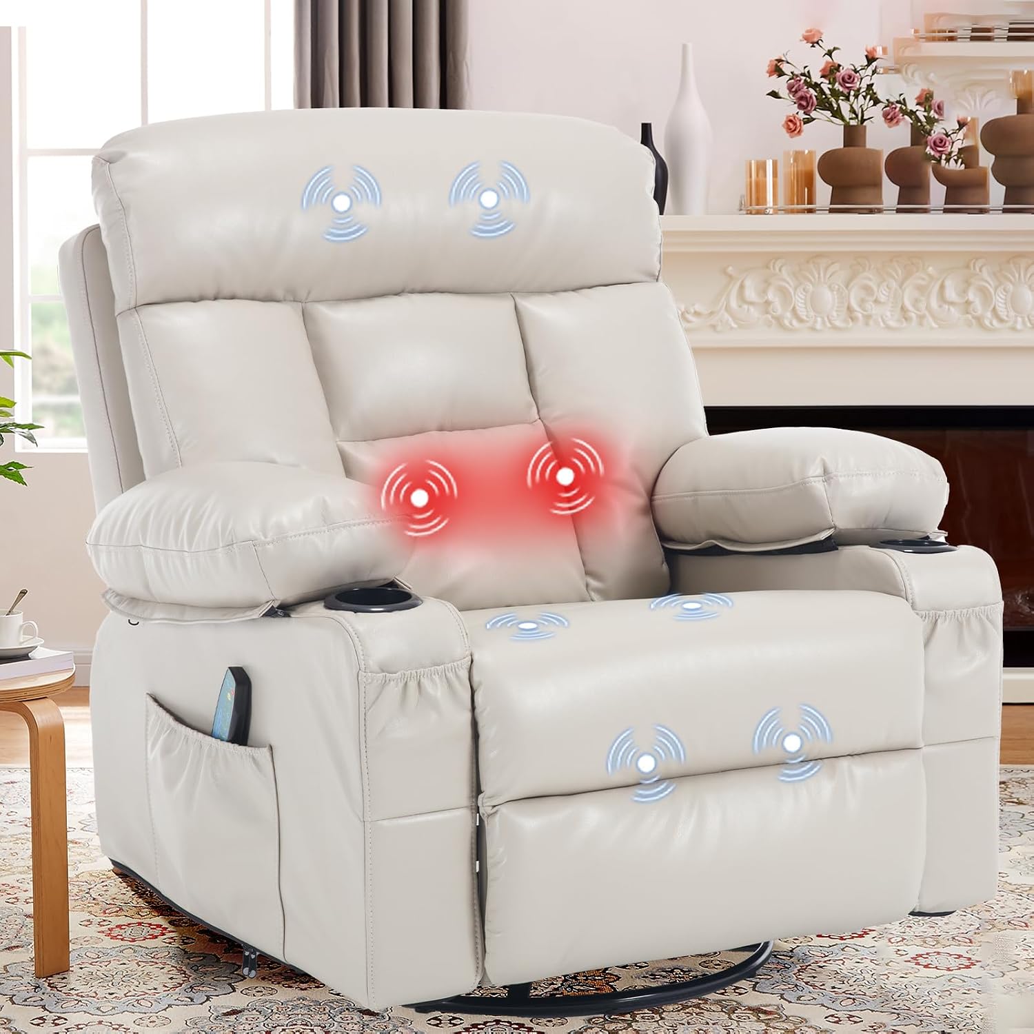 Swivel Rocker Recliner Chair Massage Beige Rocking Glider Chair for Nursery | Wide Seat, Overstuffed, Cup Holders, Faux Leather, Living Room Lounge Chair